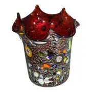 Murano Glass Vase Art Red Silver Multi Handmade Millefiori Venice Italy 11cm