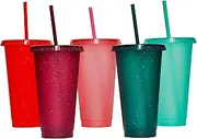 Suertestarry Tumbler with Straw and Lid,Water Bottle Iced Coffee Travel Mug Cup,Reusable Plastic Cups,Perfect for Parties,Birthdays,24oz-5 Pack (Rainbow Glitter(24oz)