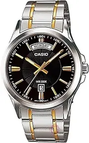 [Casio] MTP1381G-1A Analog Silver Strap Unisex Adult Watch, Black/Gold Dial, 46.6 × 39.9 × 8.9 mm