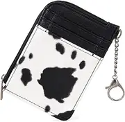[Generic] Cow Print Credit Card Holder Cute Keychain Wallet with A Zipper Pocket, Vintage Cow Small Card Wallet Zero Wallet (Black and White, One Size)