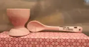 New Le Creuset Chiffon Pink Footed Egg cup + Teaspoon Stoneware Set