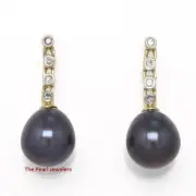 14kt Yellow Gold & Sparkling Diamonds; Black Cultured Pearl Stud Earrings TPJ