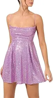 [Listenwind] Women Sparkly Sequin Mini Dress Spaghetti Strap Backless A-Line Back Hollow Out High Waist Elegant Party Dress