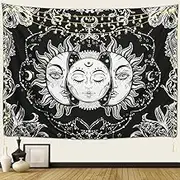 ARFBEAR Sun and Moon Tapestry, Burning Sun with Stars Psychedelic Popular Mystic Wall Hanging Tapestry Black and White Beach Blanket (medium-59 x 51 in)