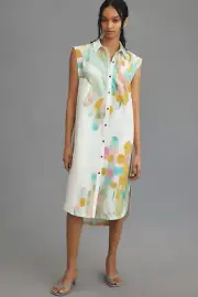 Anthropologie The Lillian Cap-Sleeve Button-Front Midi Dress XL Nwt Watercolor