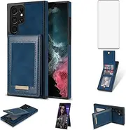 [Asuwish] Phone Case for Samsung Galaxy S22 Ultra 5G Wallet Cell Cover with Tempered Glass Screen Protector and RFID Slim Credit Card Holder Slot Stand S22ultra 22S S 22 S22ultra5g 6.8 Women Men Blue