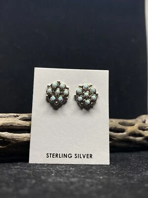 Handmade Zuni Inlay White Fire Opal Flower Sterling silver post Earrings