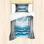 Duvet Cover Set, Wavy Sea Scenery with Cloudy Sky from a Historic Ornamental