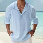 Men's Shirt Linen Shirt Summer Shirt Beach Wear Plain Vacation Casual Pink Blue Army Green Gray Long Sleeve Hoodie Summer Spring Summer Clothing Apparel Hoode