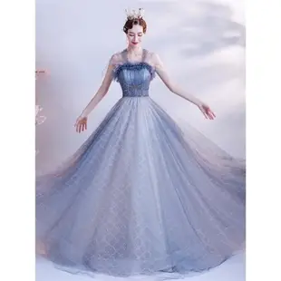 天使嫁衣優雅藍色走秀婚紗禮服