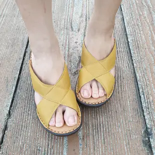 MIT台灣製 真皮縫線 女涼鞋 女拖鞋-307黃