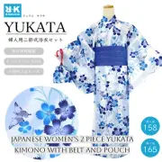 Japanese Women's Yukata Kimono 2 pieces set with a belt and pouch Blue