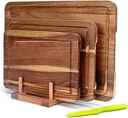 TJ POP Acacia Wood Chopping Board for Kitchen, Wooden Cutting Board Set of 3 with Stand and Juice Groove, Double-Sided Chopping Board Serving Board for Meat, Vegetables, Fruits and Cheese