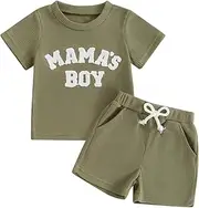 [NZNDSHD] Summer Baby Boy Clothes Short Sleeve Little Dude Mamas Boy Embroidered T-Shirt Tops Shorts Set Waffle Knit Outfit