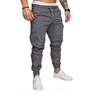 Men Cargo Pants Ankle-banded Thin Multi Pockets Drawstring Elastic Waist Solid Color Gym Traning Sweatpants Long Outdoor Trousers light grey XL