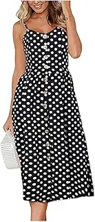 [THGJACH] Womens Summer Dresses Casual Spaghetti Strap Dot Button Down Swing Midi Dress (Color : B, Size : XXX-Large)