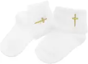 LIGIGWASH 1pair Christening Socks for Year Old Soft Cotton Turn Design Cross Feet Warmers for Baptism and Special Occasions