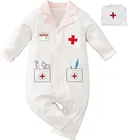 Zusnxaxe Baby Nurse Costume Jumpsuit with Red Cross Design, White Romper with Pockets, Infant Dress Up Outfit，12-18 months