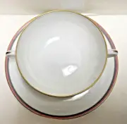 LIMOGES FRANCE DOUBLE HANDLE SET SOUP CUP+PLATE LIGHT PINK TRIMMED, EXCLUSIVE