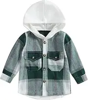 [Balaflyie] Toddler Boy Girl Plaid Flannel Shacket Long Sleeve Button Down Hooded Shirt Jacket Fall Winter Clothes
