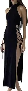 [JASASCCEL] Women Halter Neck Long Dress Sexy Cut Out Side Split Lace Up Straps Sleeveless Bodycon Maxi Dresses Cocktail Party Dress