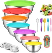 HOXue Multicolor Mixing Bowls with Lids,7 Pcs Stainless Steel Salad and Fruit Bowls Set for Kitchen Mixing Baking Prepping Cooking Serving