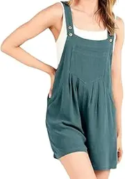 [KIKJDSERV] Womens Adjustable Strap Loose Bib Rompers,Casual Linen Overall Shorts,Sleeveless Button Short Jumpsuits with Pockets (Lake Green, S), Lake Green, Small