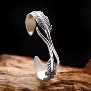 Retro 925 Sterling Silver Feather Cuff Bangle Vintage Bracelet Leaf Women Gift:)