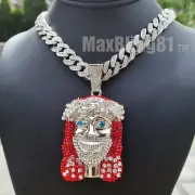 Silver Joker Jesus Cubic Zirconia Pendant & 16" ~ 24" Iced Cuban Chain Necklace