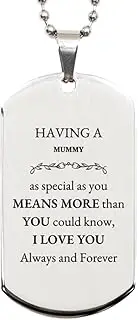 Silver Dog Tag Mummy Engraved Necklace - Always and Forever Love for Mom - Special Gifts for Birthday, Christmas and Graduation, Silver Plated Zinc, Cubic Zirconia