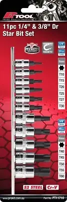 PK TOOL 11PC Torx Star Bit Set Tamper Proof Security Bit Socket Set 1/4” 3/8”Dr