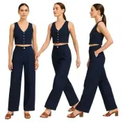 Christian Siriano NY NWT Linen Blend Two Piece Navy Set Vest & Wide Leg Pant