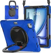 Full Protective Case Case Compatible with iPad Air 13 Inch M3 2025/Air 13" M2 2024,Heavy Duty TPU Shockproof Kids Case,360 Degree Rotating Multi-Function Grip Bracket+Shoulder Strap Rugged Cover(Blue)