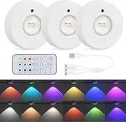 Dewocke 3 Pack Under Cabinet Kitchen Lights with Remote, Rechargeable Wireless Puck Lights, Closet Lights, RGB Coloured Dispaly Lights, Under Counter Lights for Display Shelf Cupboard Hallway (RGB)