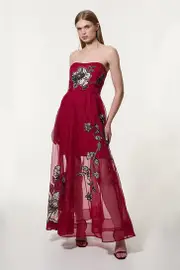 Floral Applique Organdie Woven Bandeau Maxi Dress