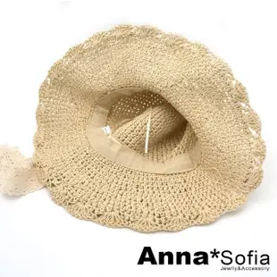 【AnnaSofia】遮陽防曬淑女帽草帽漁夫帽-花邊蕾絲綁帶超寬簷 現貨(米杏系)