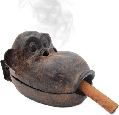 New Cast Iron Monkey Orangutan Cigar Cigarette Ashtray Hinged Lid Free Shipping