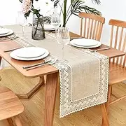 Linen Rustic Farmhouse Style Table Runner Beige Lace Basic Flax Decorative Table Runners 60 Inch