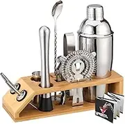 Cocktail Shaker Set, Stainless Steel Bar Set 750ml, Cocktail Making Kit, with Wood Stand & Cocktail Recipes Booklet, Professional Bar Tools for Drink Mixing, Home, Bar, Party