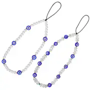 2PCS Mobile Phone Lanyards Pearl Evil Eye Beaded Phone Charm Wrist Strap