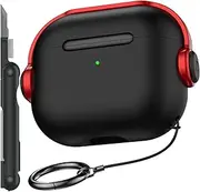 R-fun Airpods 3rd Generation Case with Secure Lock, Music Headset Earphone Protective Case Cover with Cleaning Kit Compatible with Apple Airpods 3 2021 Charging case-Black & Red