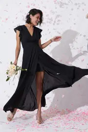 Women's Cocktail Wynter Maxi Dress Cap Sleeve in Black Chiffon 8