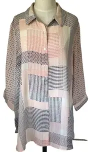 Rose & Olive Sz 1X Button Up Collared Blouse 3/4 Sleeves Pink Gray Patchwork NWT