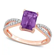 Emerald-Cut Amethyst and 0.20 CT. T.W. Natural Diamond Tapered Split Shank Ring in Solid 14K Rose Gold