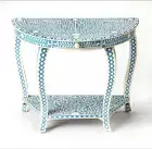 Half Moon Console Table, BoneInlay Design, Blue and White Floral Pattern Style.