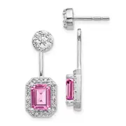 14k White Gold Real Diamond/Created Pink Sapph. Front/Back Earrings