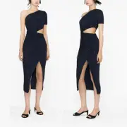 NWT Self-Portrait Cut-out Midi Dress In Navy Allover Rhinestone Front Slit Sz 12