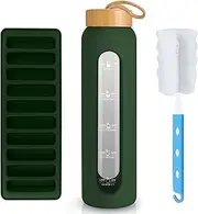 Sursip 32 oz Glass Water Bottle with Time Marker,1 Liter BPA-Free Reusable Motivational Water Bottle with Non-Slip Silicone Sleeve and Bamboo Lid, Ice Cube Tray, Leak-Proof, Dishwasher Safe