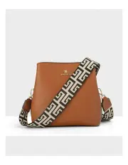 [Madison Accessories] Joanie 3 Compartment Crossbody Bucket Bag + Graphic Bag Strap in Light Tan