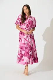 Audrey Maxi Shirt Dress Short Sleeve in Pink Floral 8